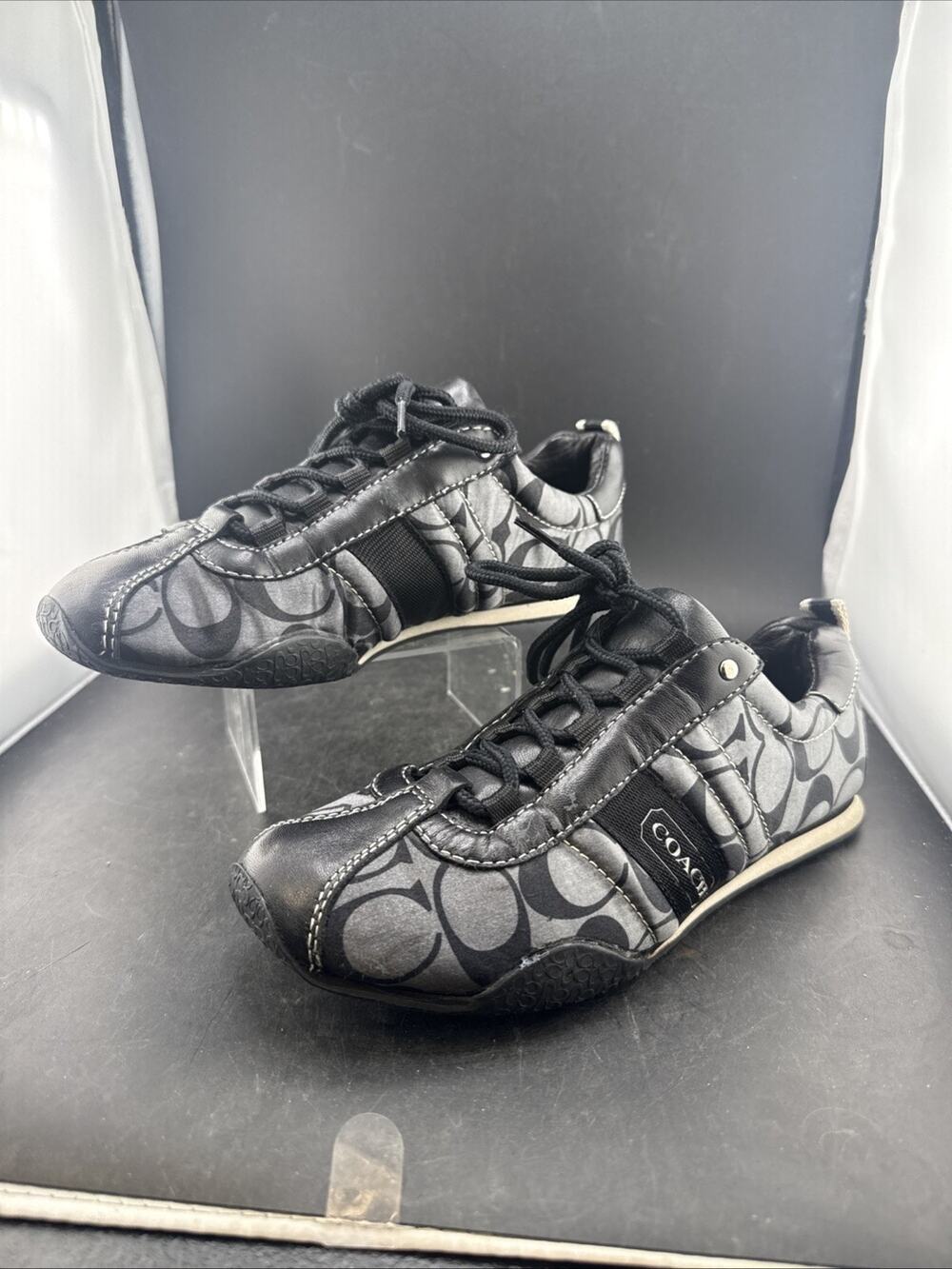 Coach P502 Womens Size 5 Signature C Monogram Black Gray Leather Sneakers